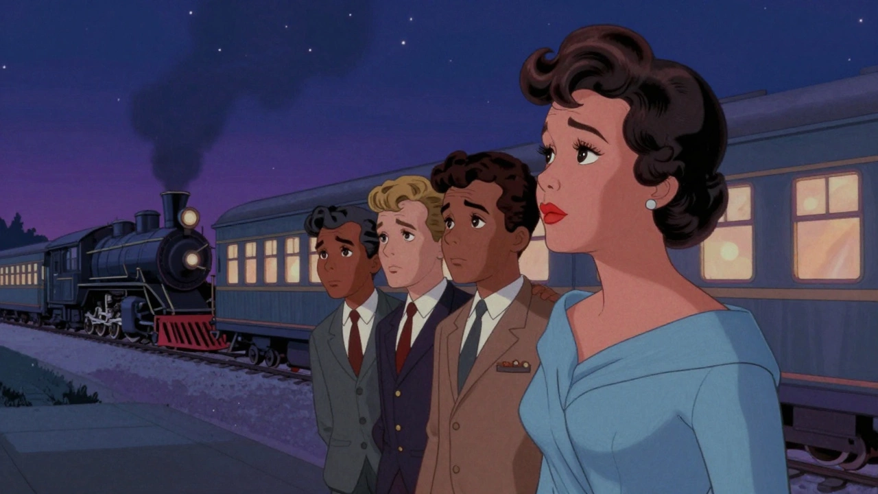 Gladys Knight gazing at a departing train at night