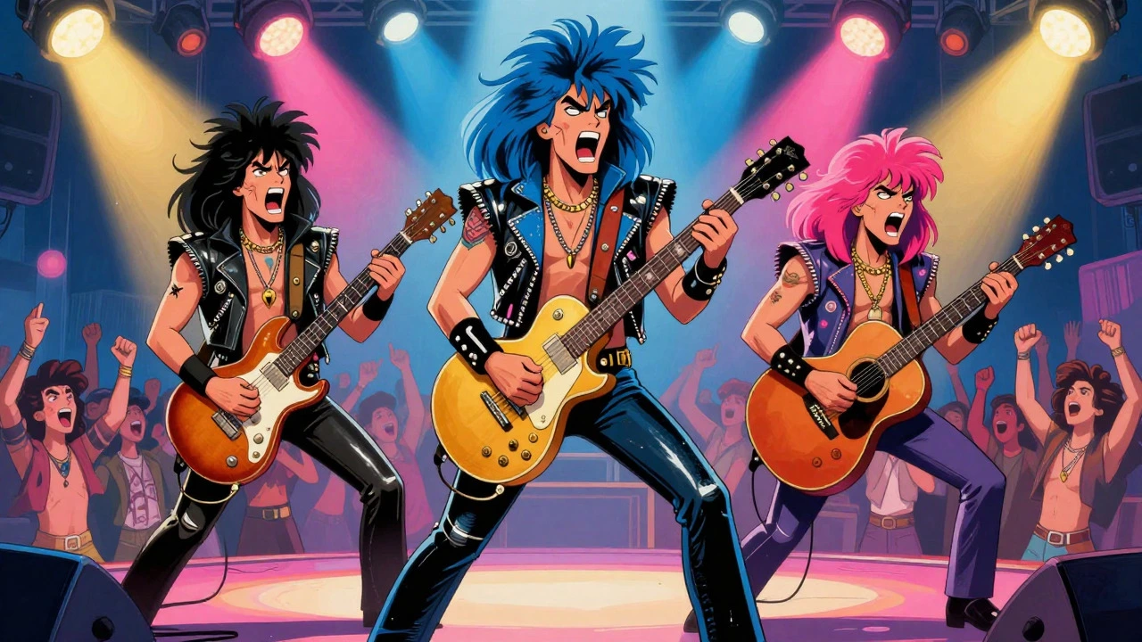 Glam metal band performing emotional power ballad on stage