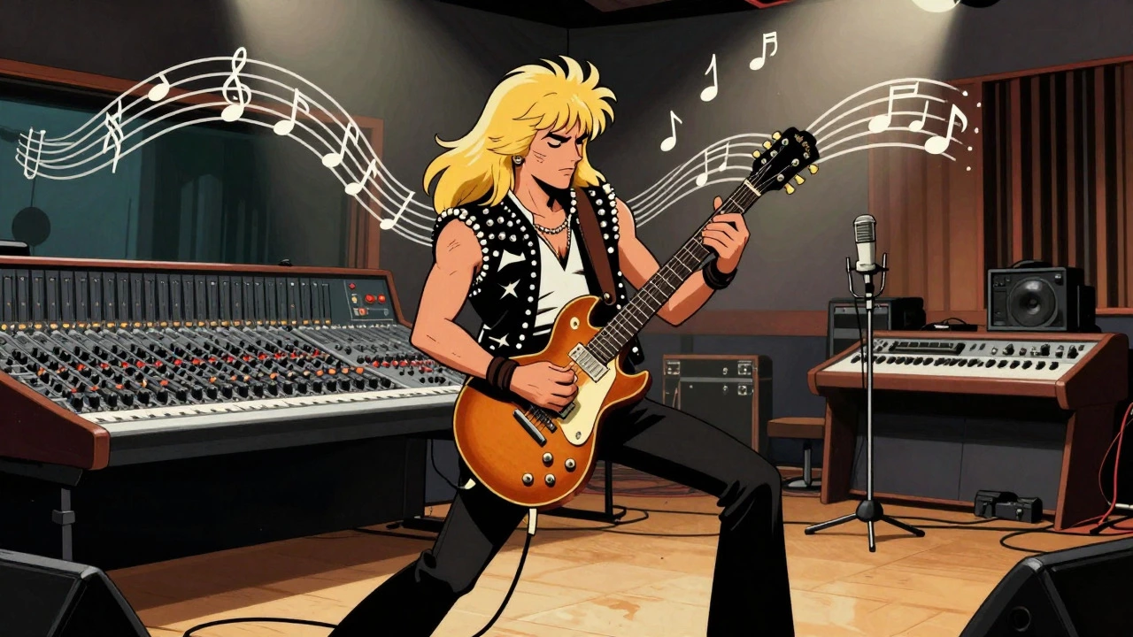 Guitarist performing solo in vintage cartoon recording studio
