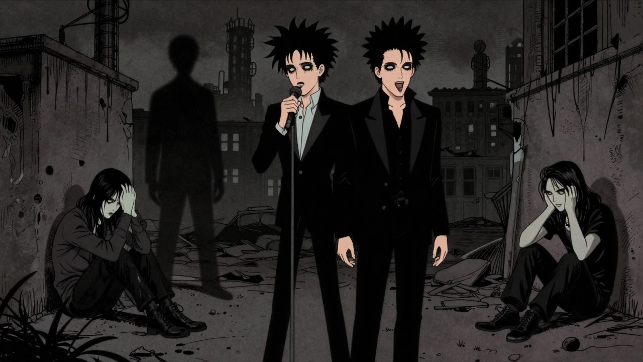 Hand-drawn vintage cartoon portraying the gothic rock influence of Joy Division, emphasizing themes of alienation and iconic visual aesthetics.