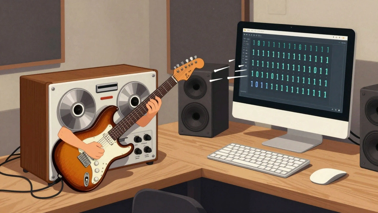 Hybrid studio blending analog tape warmth with modern digital precision.
