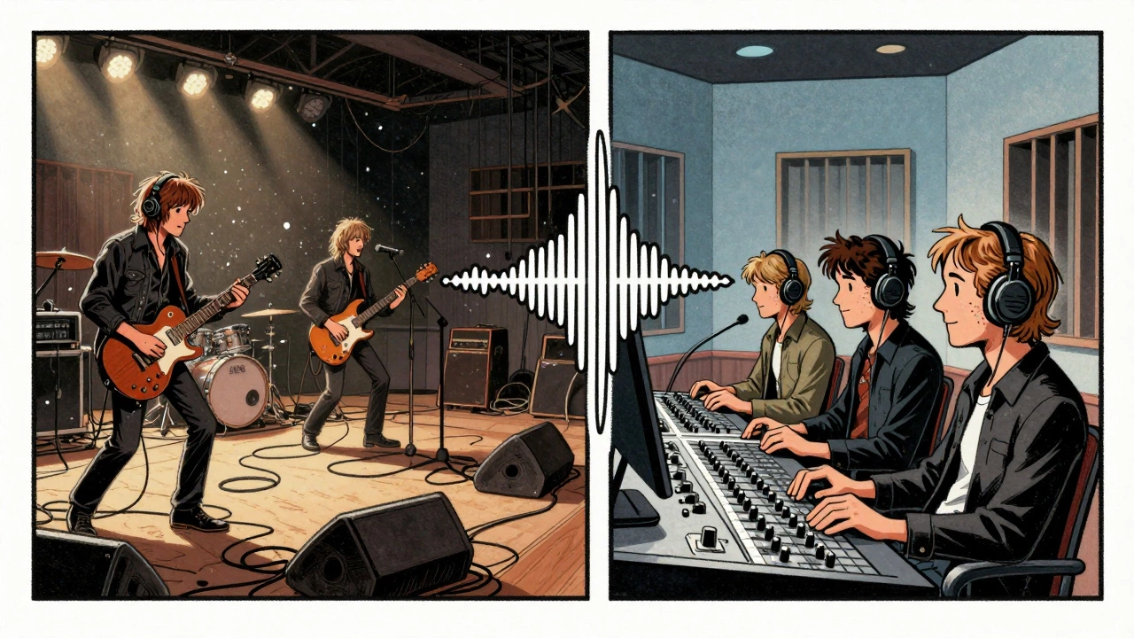 Illustration contrasting a gritty live rock performance with a polished studio recording session.