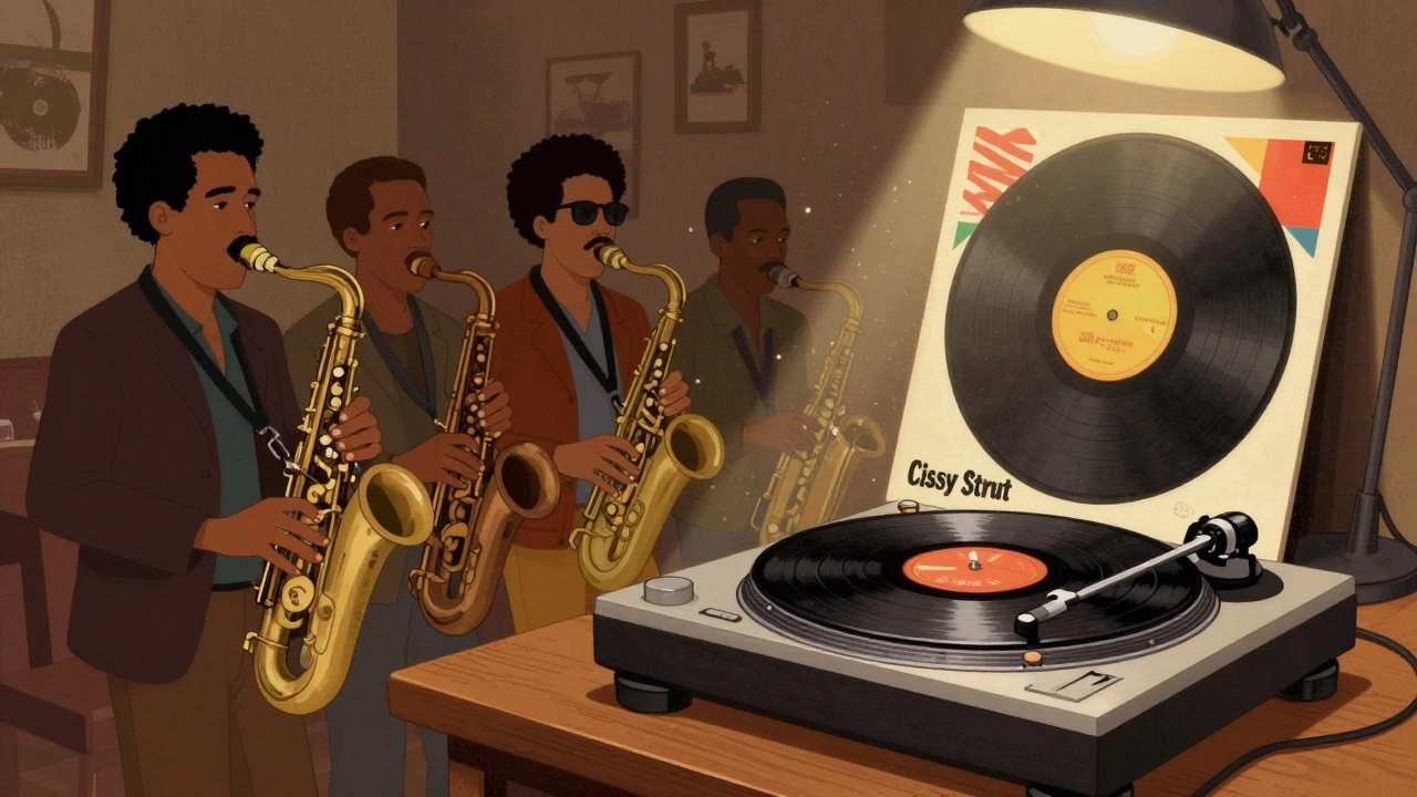 Illustration linking The Meters' music to hip-hop vinyl records