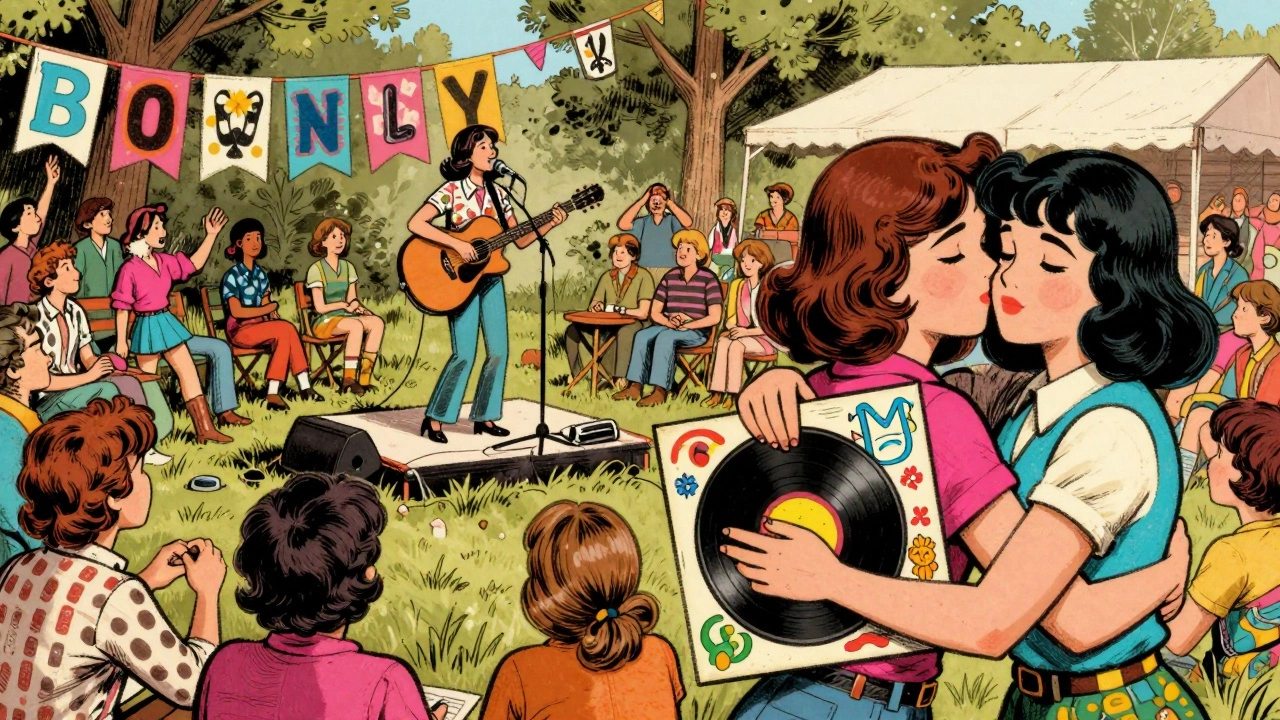 Illustration of a 1970s underground women's music festival with performers and fans