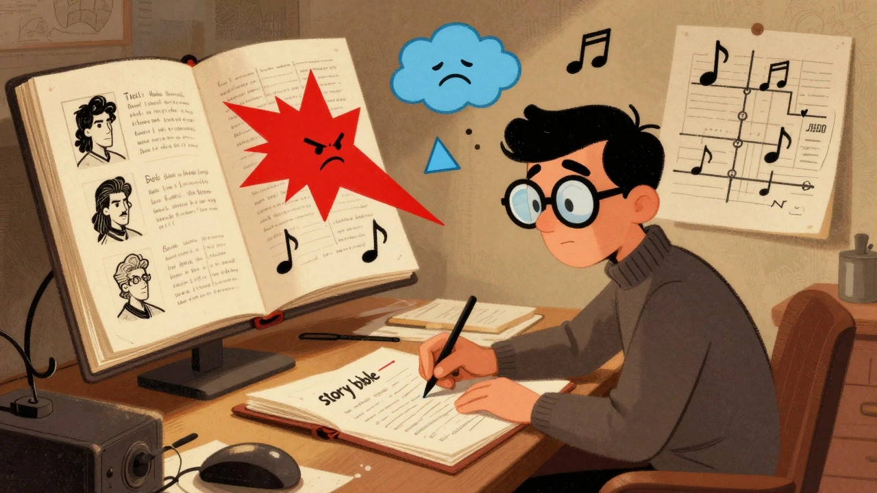 Illustration of a composer mapping out musical motifs and character arcs