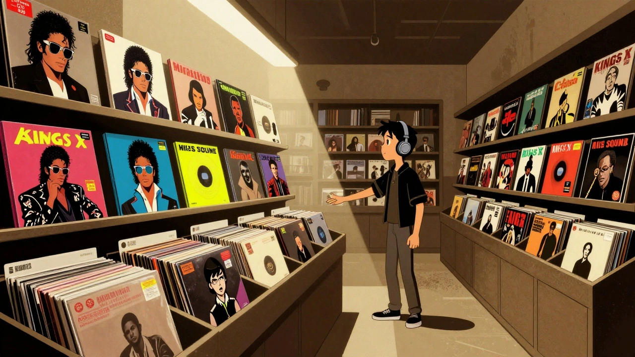 Illustration of a record store contrasting famous hits with hidden gems.