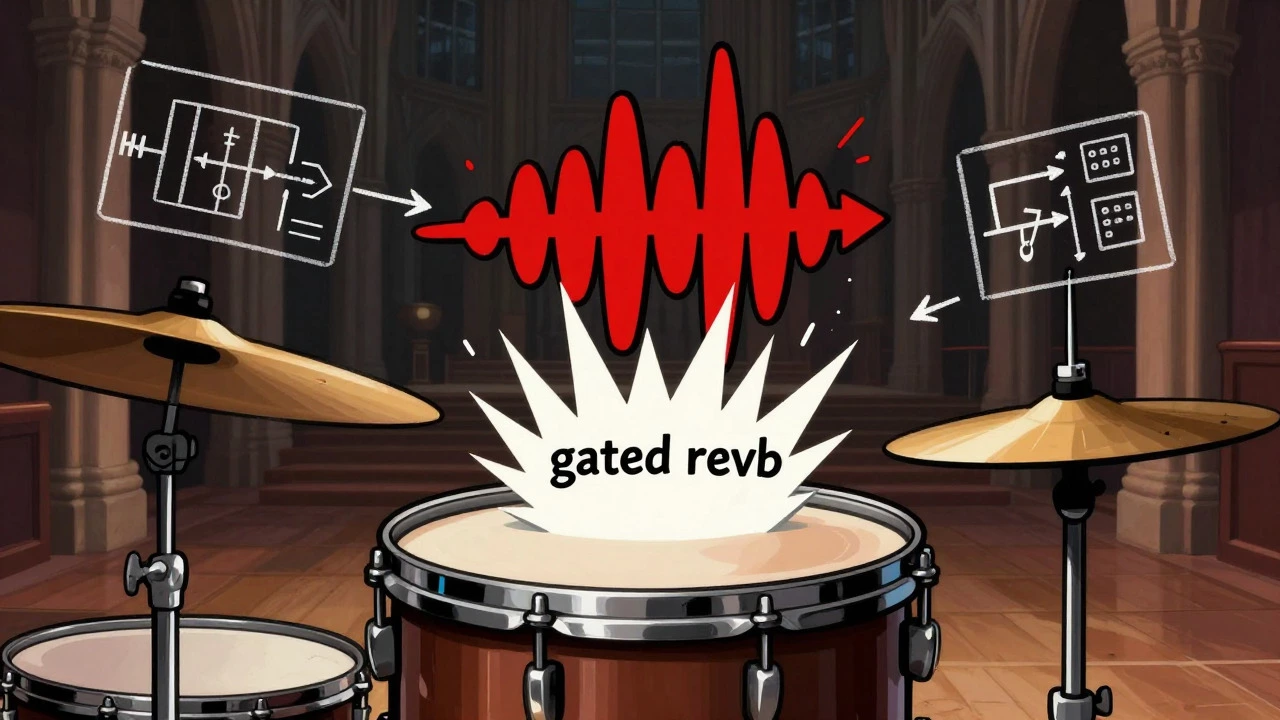 Illustration of a snare drum with a gated reverb shockwave effect