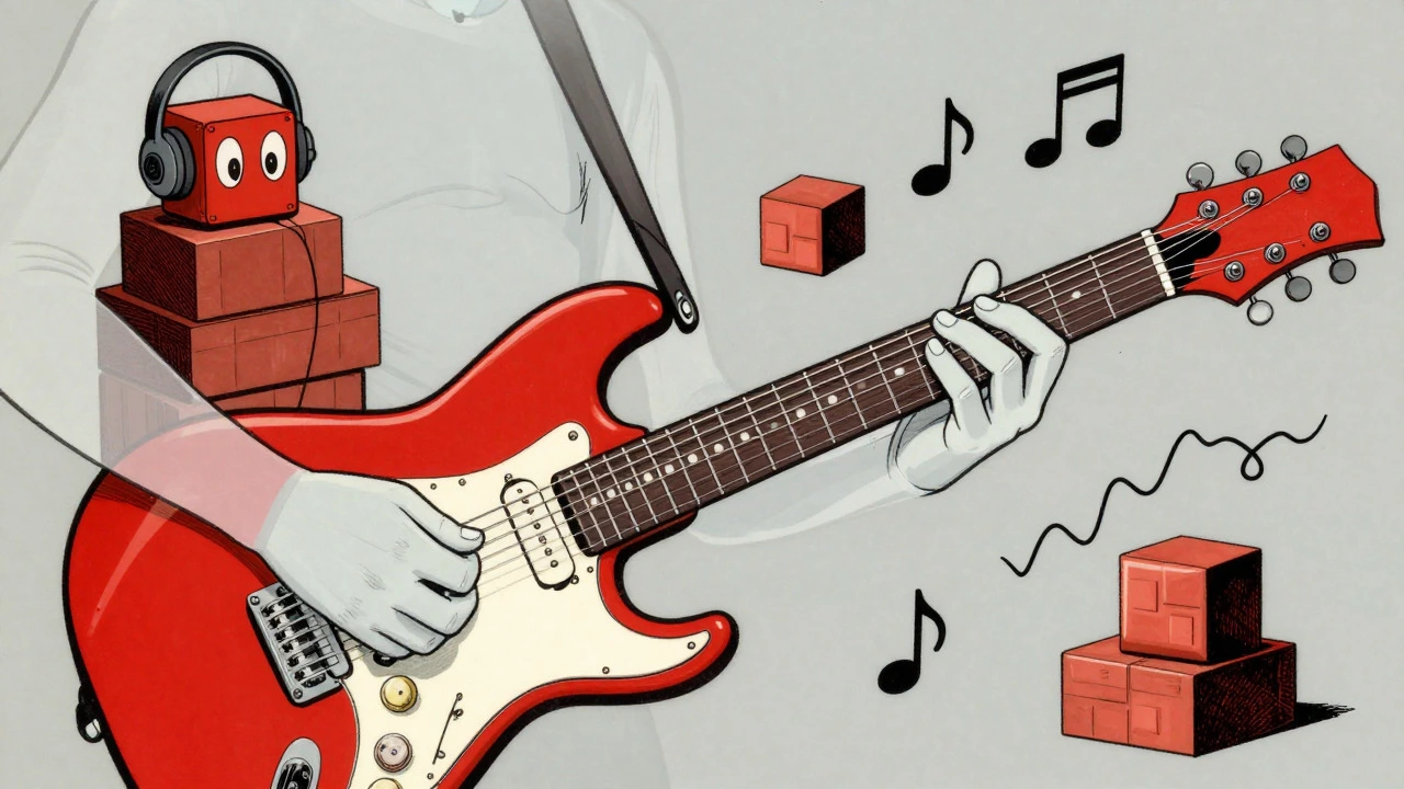 Illustration of layered guitar tracks and Rockman amps