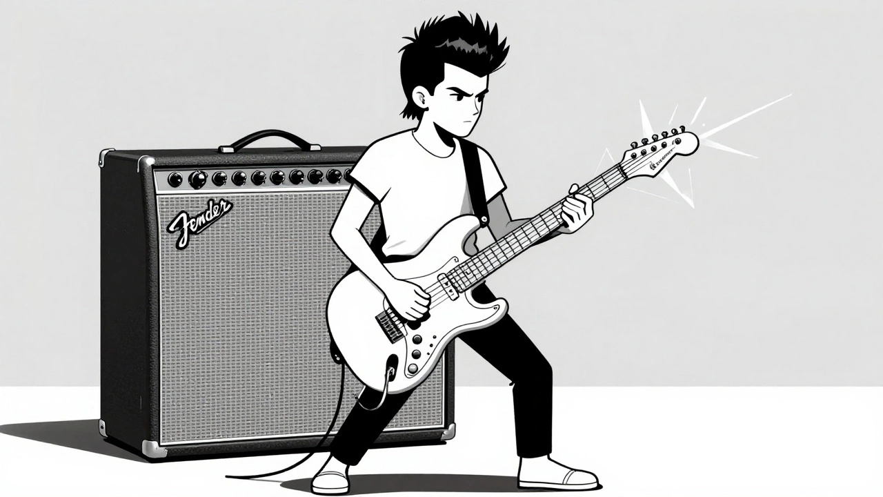 Illustration of punk musician playing clean Telecaster on Fender amp