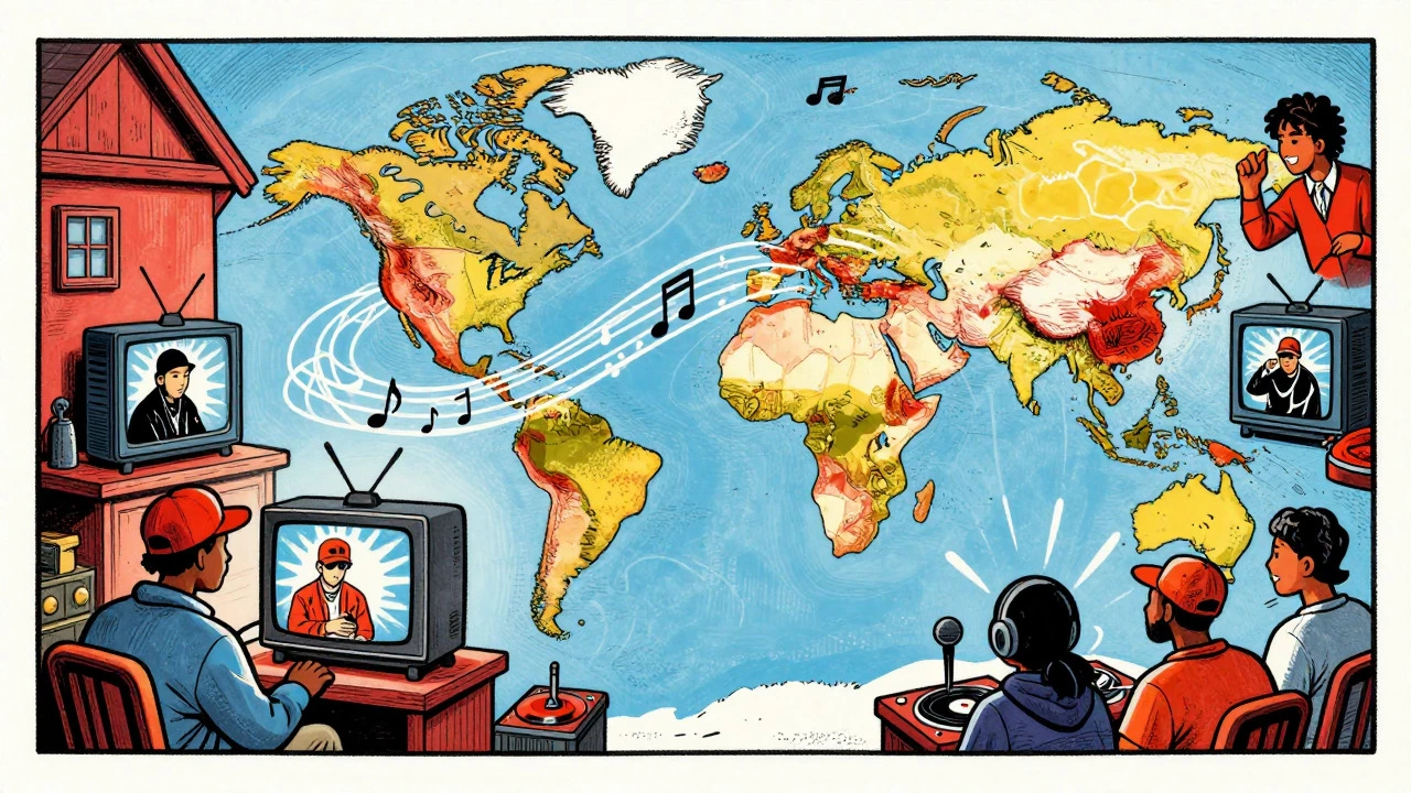 Illustration showing global audience connected by hip-hop music waves