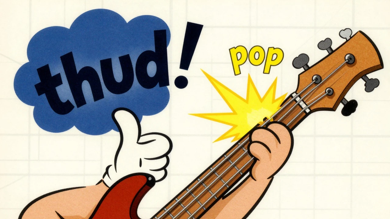 Illustration showing the thump and pop mechanics of slap bass technique