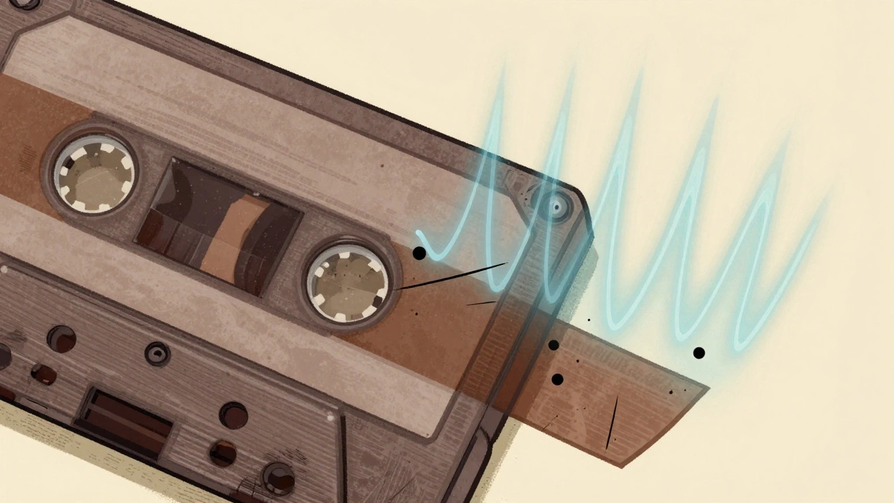 Illustration showing vibrating iron oxide particles on magnetic tape creating static noise