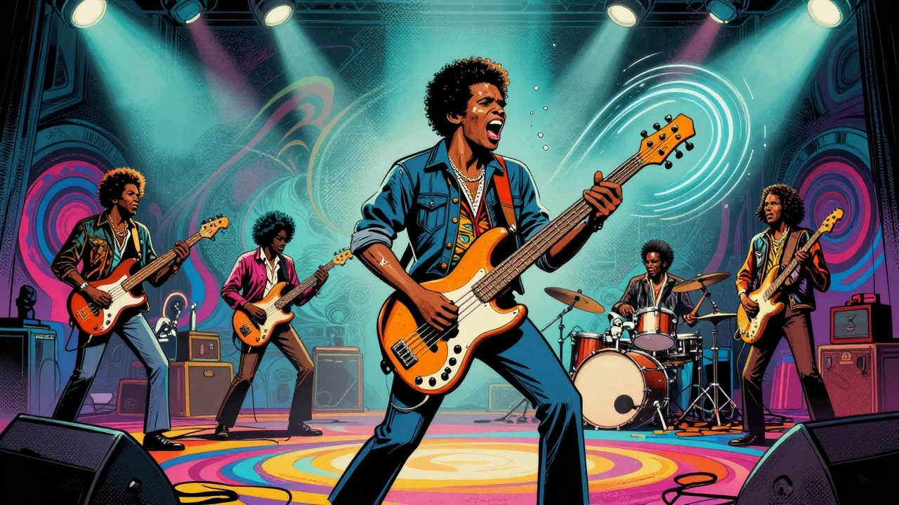 Larry Graham playing energetic slap bass with Sly and the Family Stone