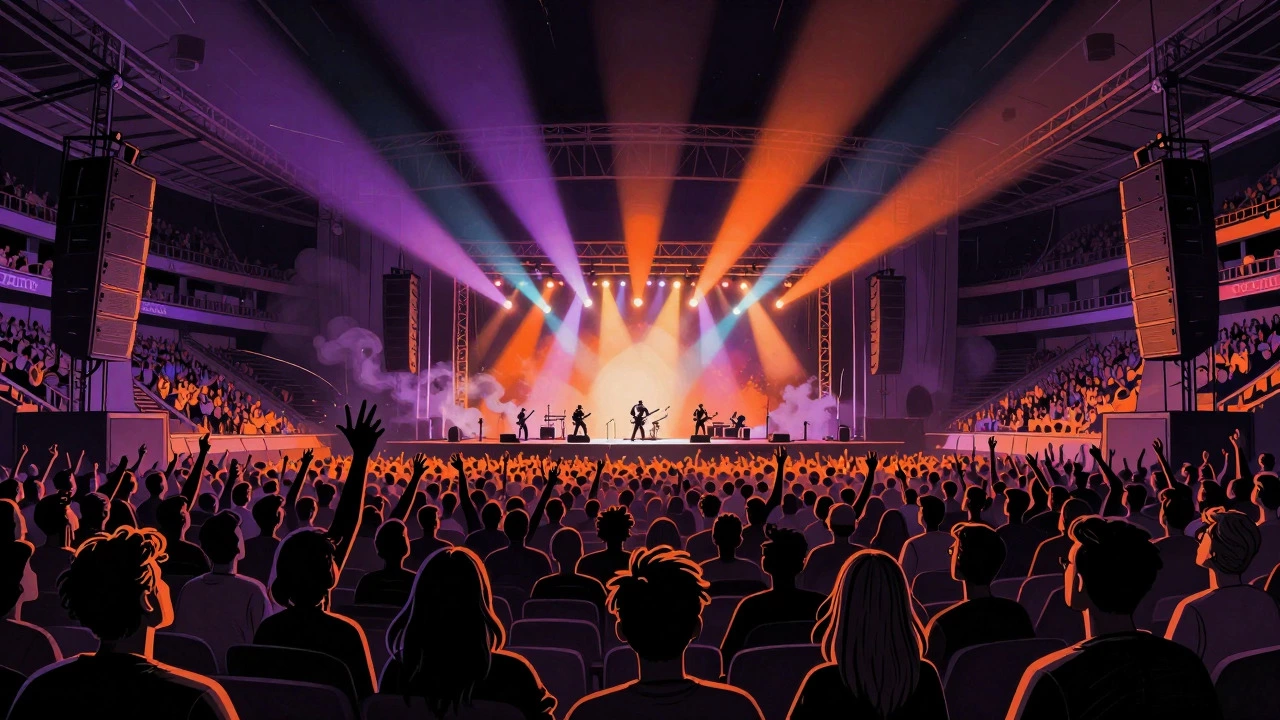 Massive stadium crowd jumping under stage lights in a vintage cartoon.