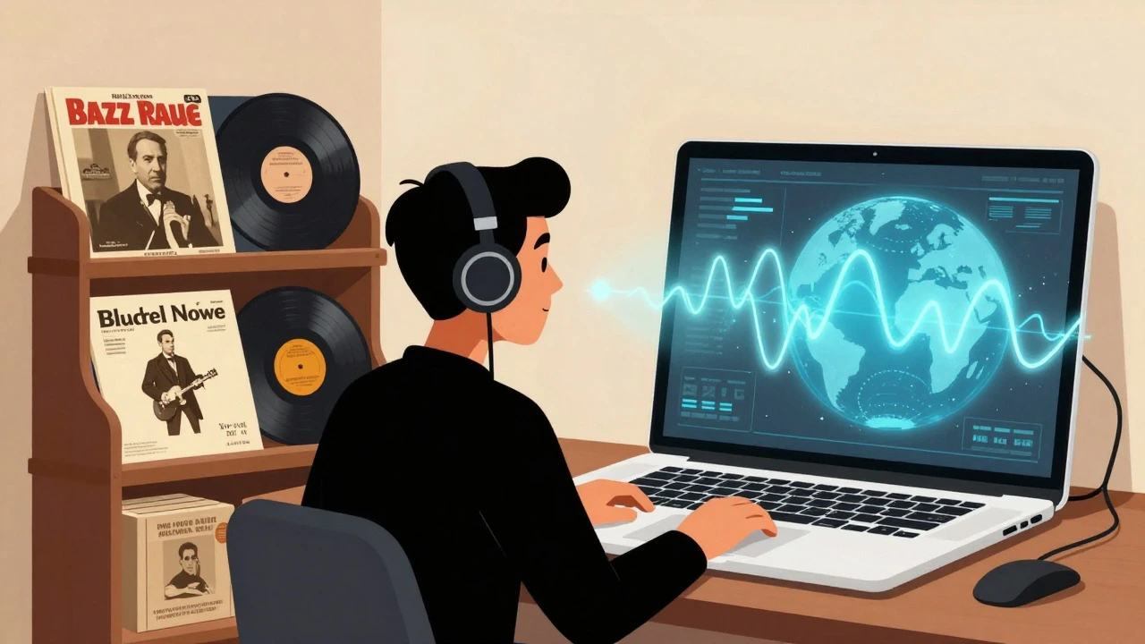 Modern DJ comparing rare vinyl promos with digital music files.