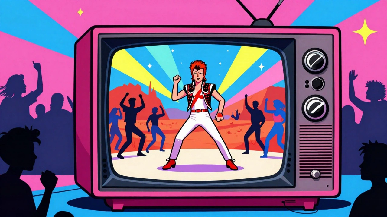 MTV era excitement as Bowie dances on a retro TV screen in cartoon style