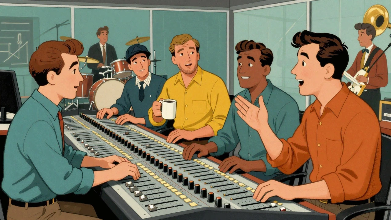Multiple engineers manually moving faders on a large mixing desk