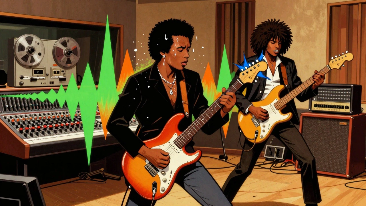 Nile Rodgers and Stevie Ray Vaughan create magic in a retro studio illustration