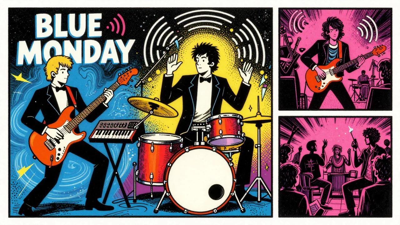 Nostalgic cartoon depiction of Joy Division's evolution into New Order, showcasing the integration of synthesizers and danceable rhythms.