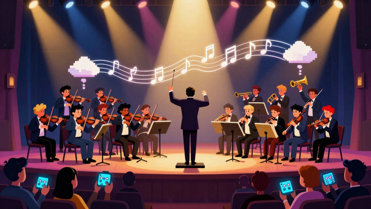Orchestra performing video game music in a grand concert hall