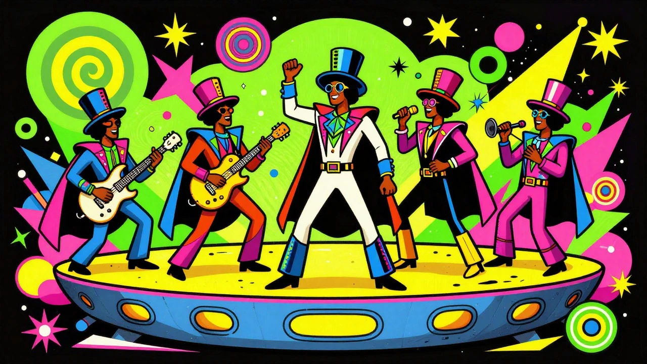 P-Funk inspired cartoon musicians in futuristic sci-fi costumes
