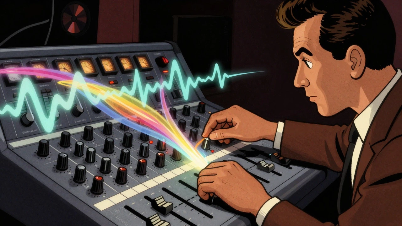 Perry mixing on analog console with visual sound effects and echoes
