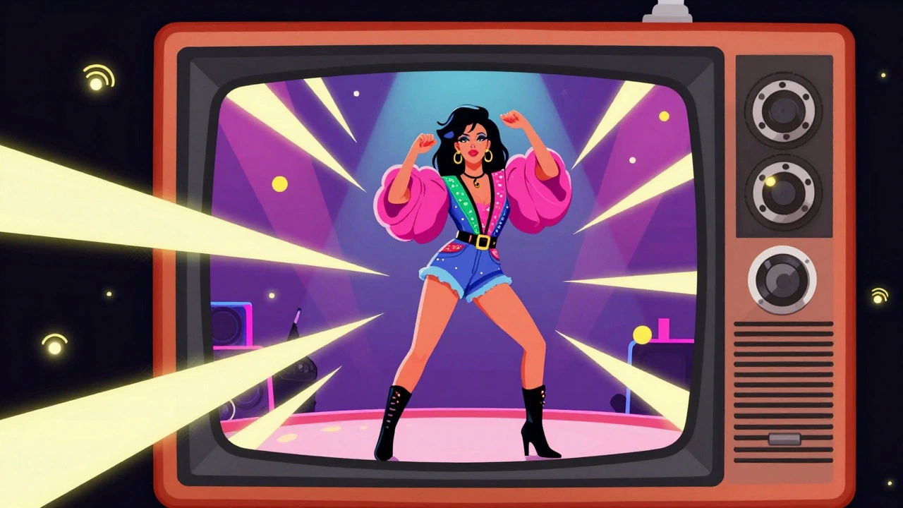 Pop star on a TV screen surrounded by broadcast signals
