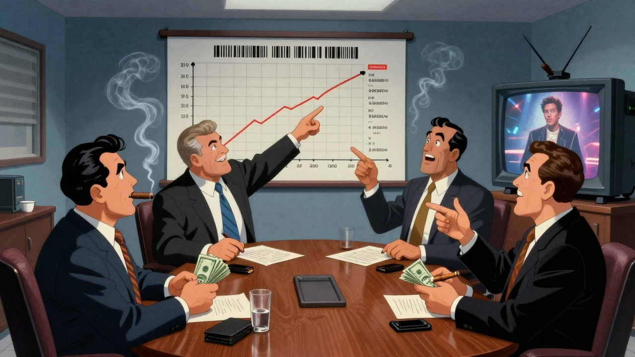 Record label executives discussing sales data and MTV strategies.