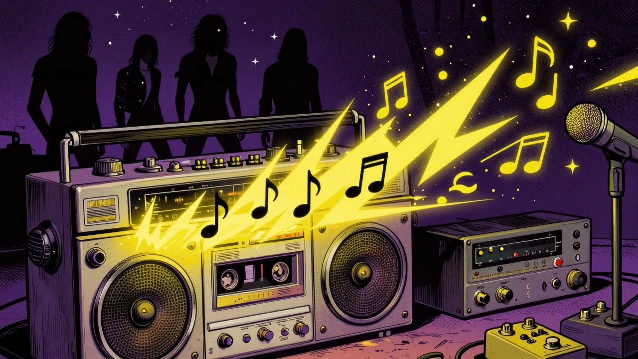 Retro cartoon of vintage audio equipment emitting lightning-like sound waves and music notes.