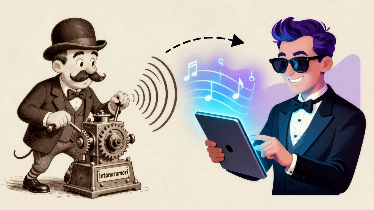 Retro cartoon showing evolution from early noise machines to digital tools