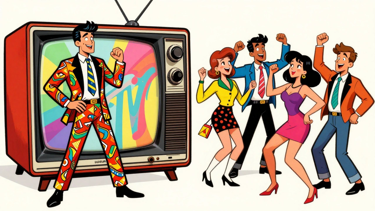Retro cartoon showing stylish new wave musicians and dancing fans with TV visuals.