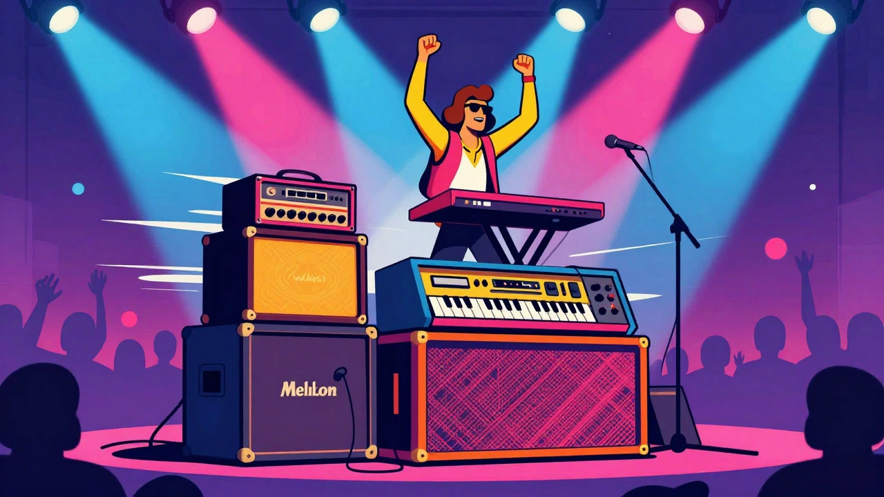 Retro comic art of a prog rock keyboardist with stacked synths on stage