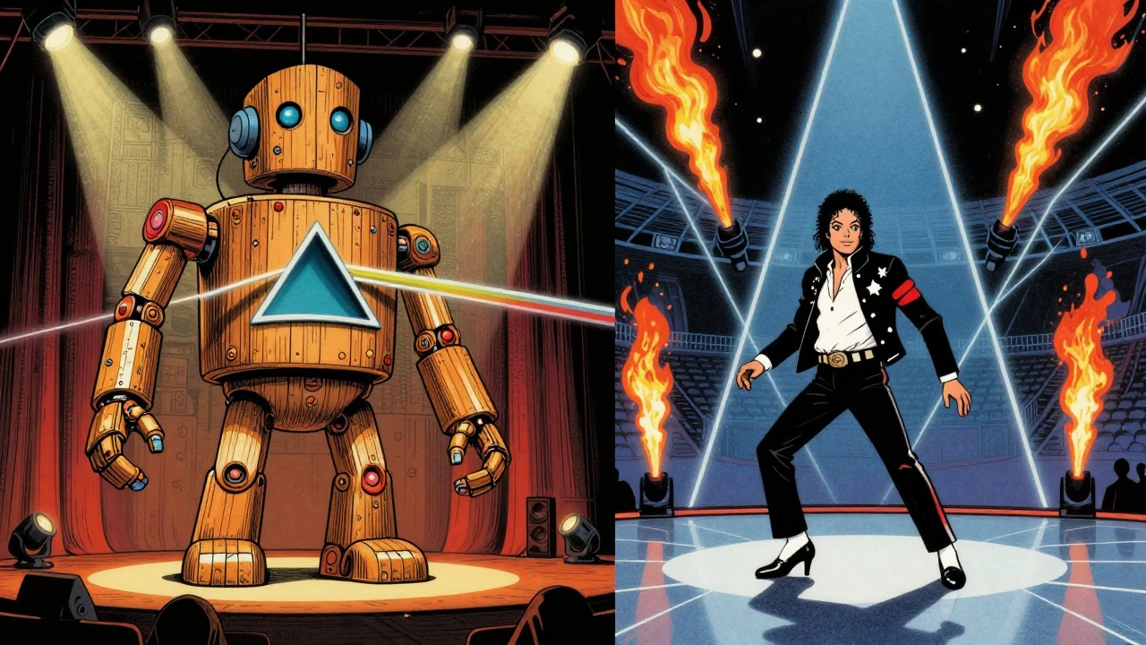 Retro illustration comparing Pink Floyd puppets and Michael Jackson's stage choreography.