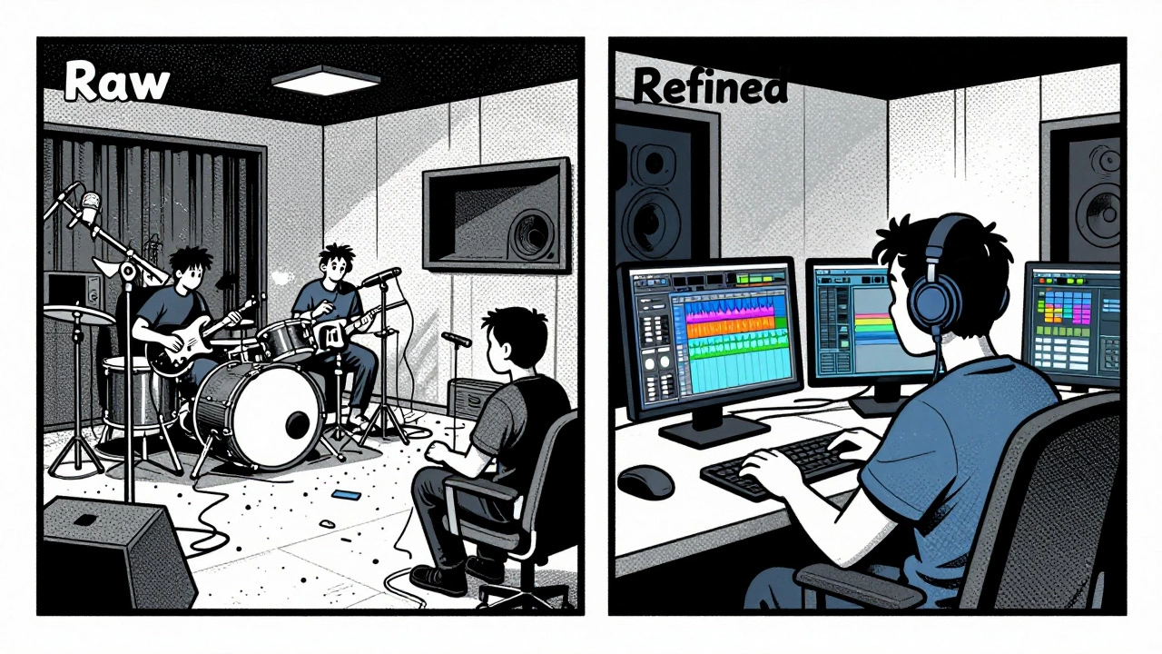 Retro illustration comparing raw live band recording vs modern digital studio refinement.