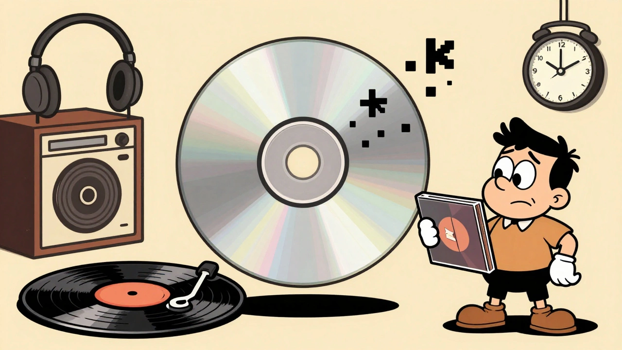 Retro illustration comparing vinyl records to CDs and changing music habits.