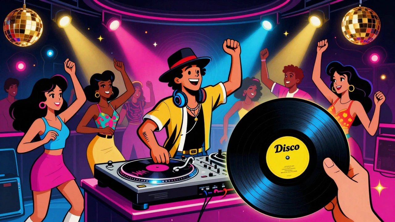 Retro illustration of a crowded disco club with DJ and dancers