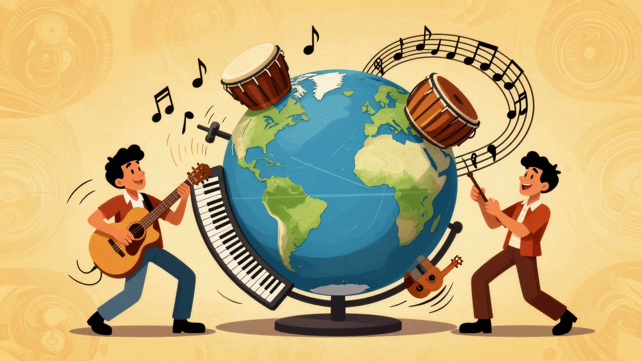 Retro illustration of a globe made of instruments symbolizing global rhythms and synth fusion.