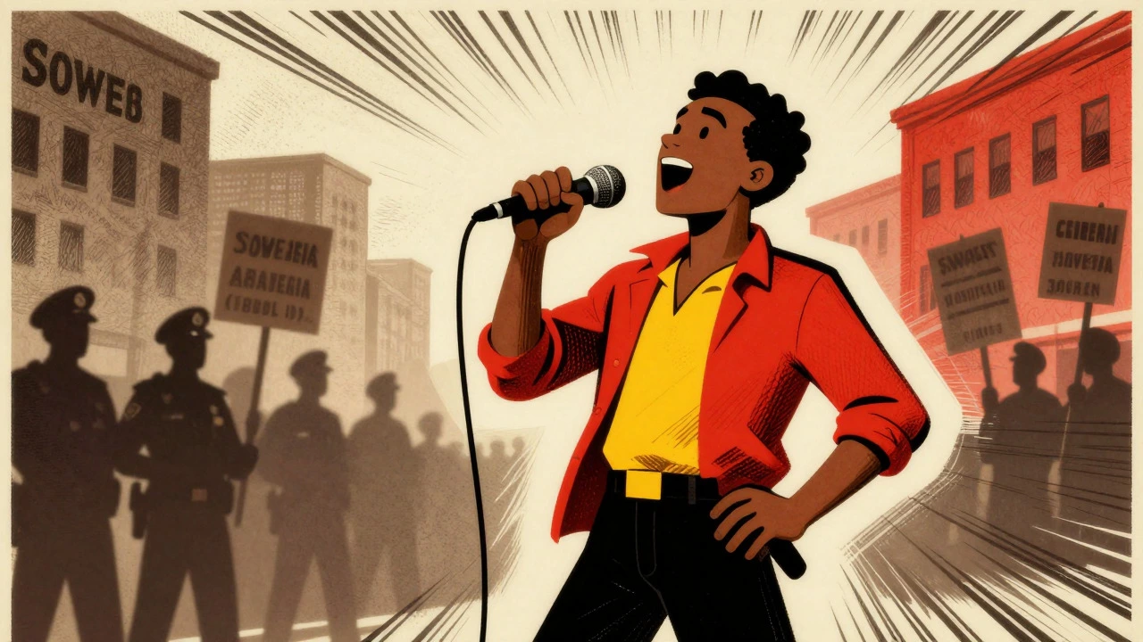 Retro illustration of a reggae singer protesting apartheid in South Africa.