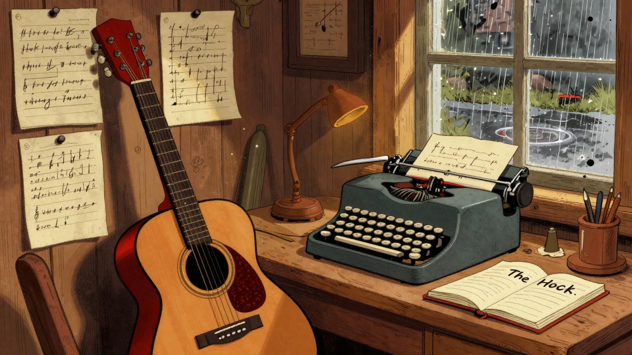 Retro illustration of a songwriter's desk with guitar and lyrics