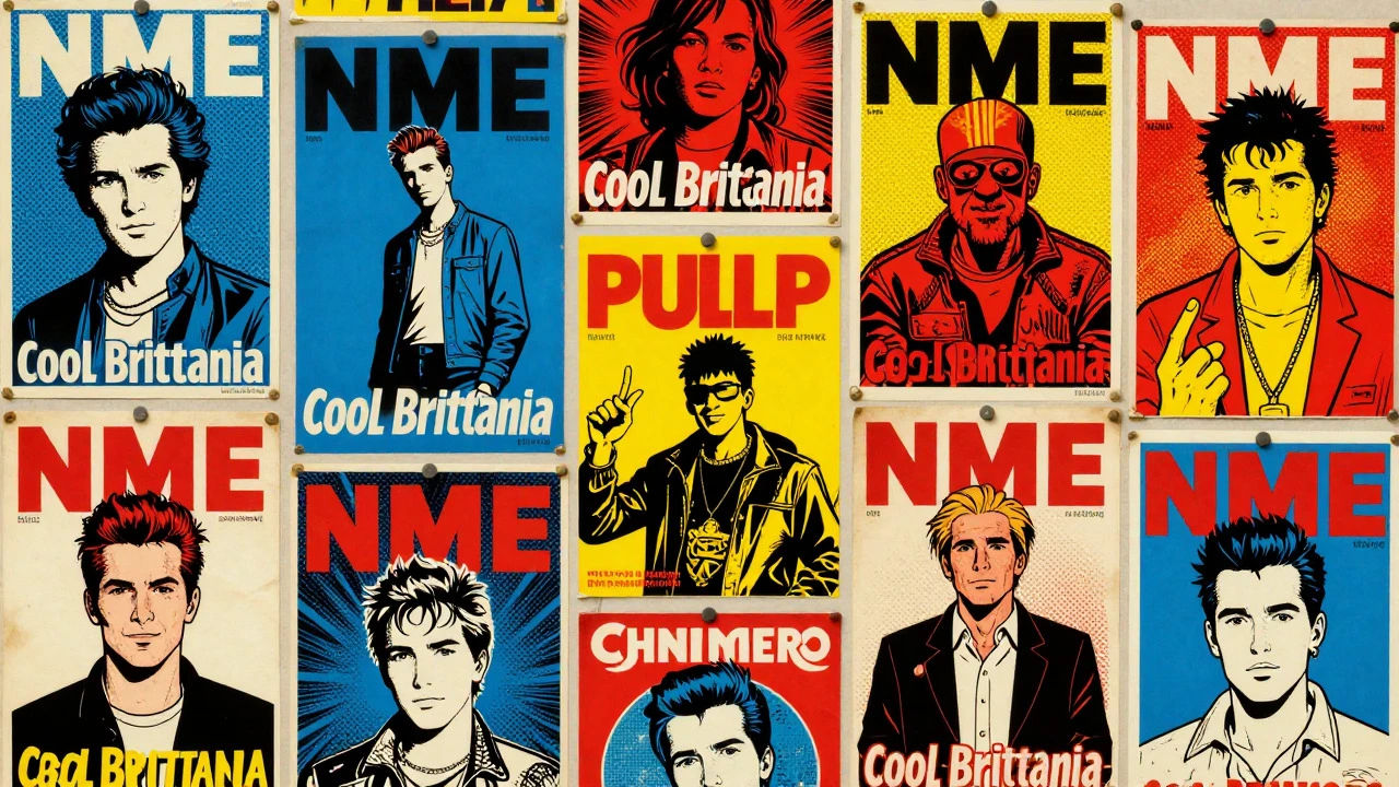 Retro illustration of a wall covered in 1990s Britpop posters and magazines