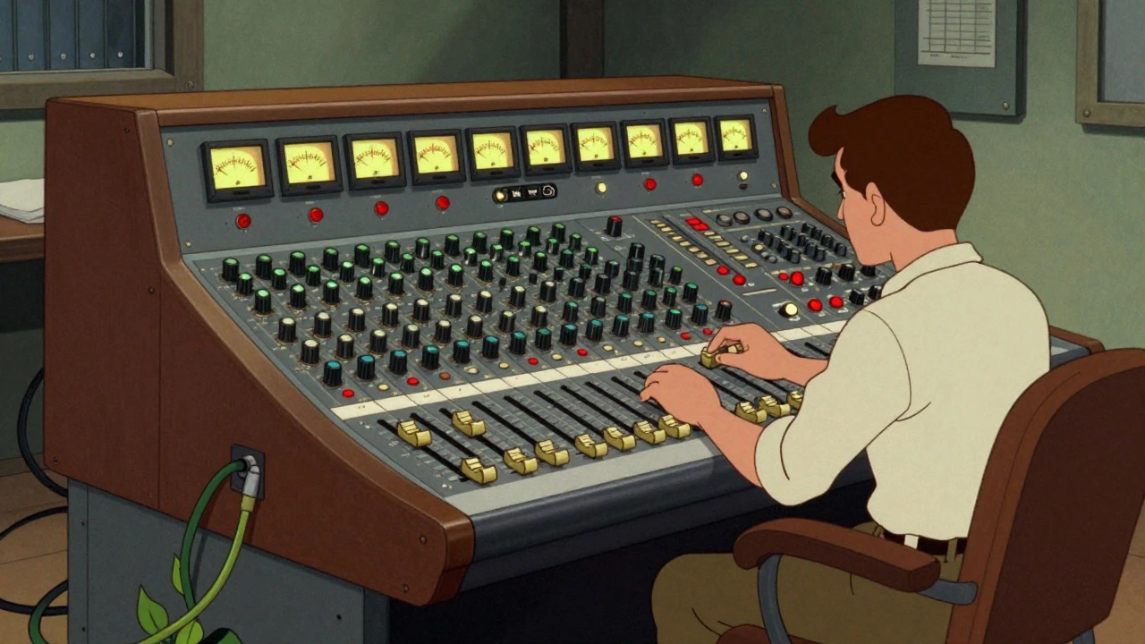Retro illustration of an engineer mixing on a large vintage console with glowing VU meters.