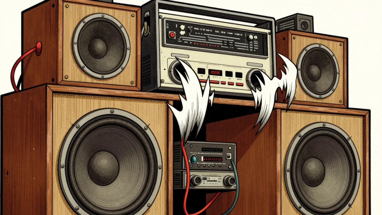 Retro illustration of DIY speakers emitting bass waves