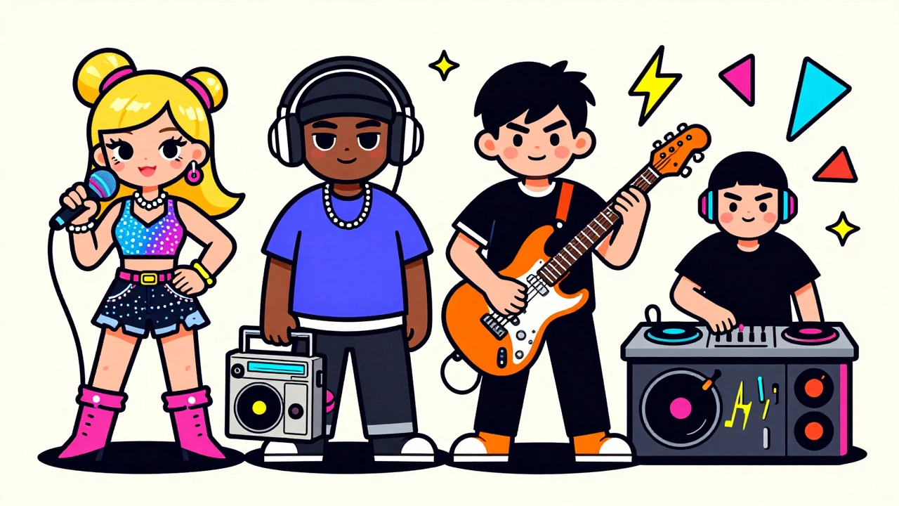 Retro illustration of four characters representing Pop, Hip-Hop, Rock, and EDM genres.