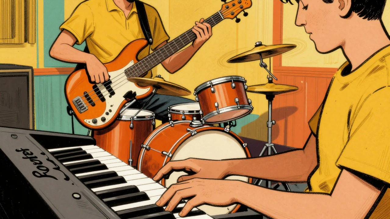 Retro illustration of funk bassist and drummer creating a groove