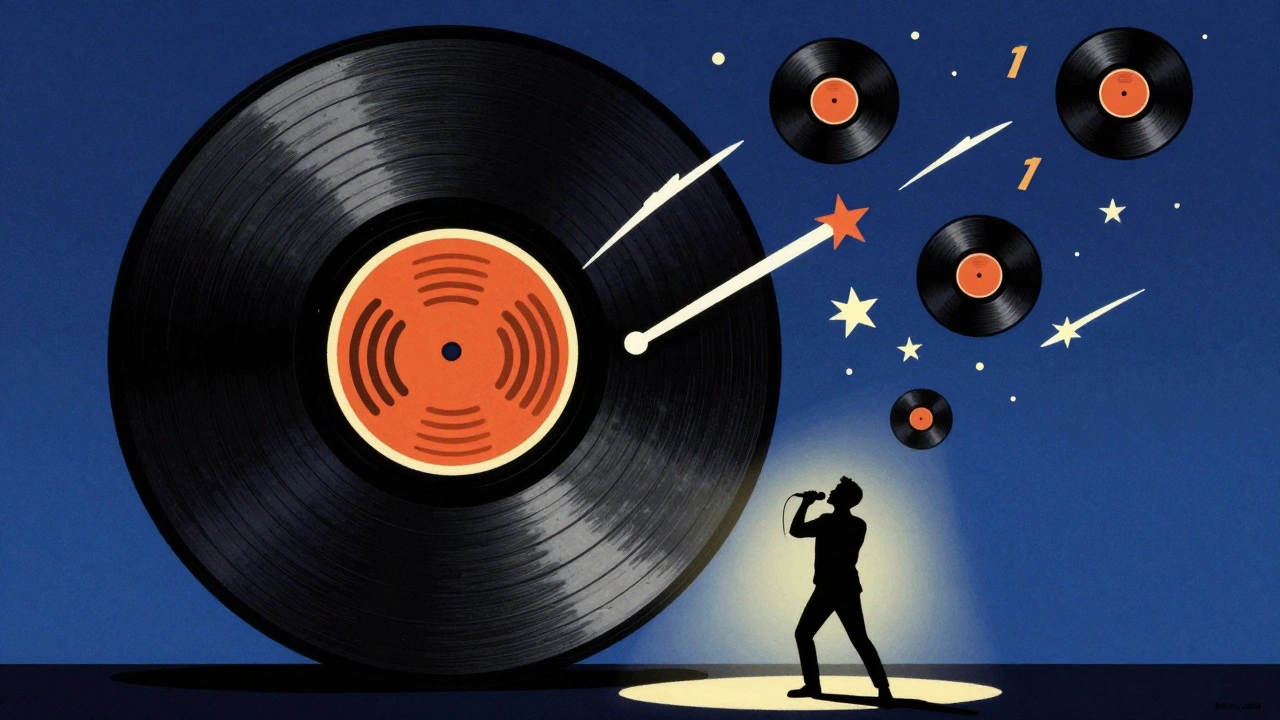 Retro illustration of giant spinning record and singer
