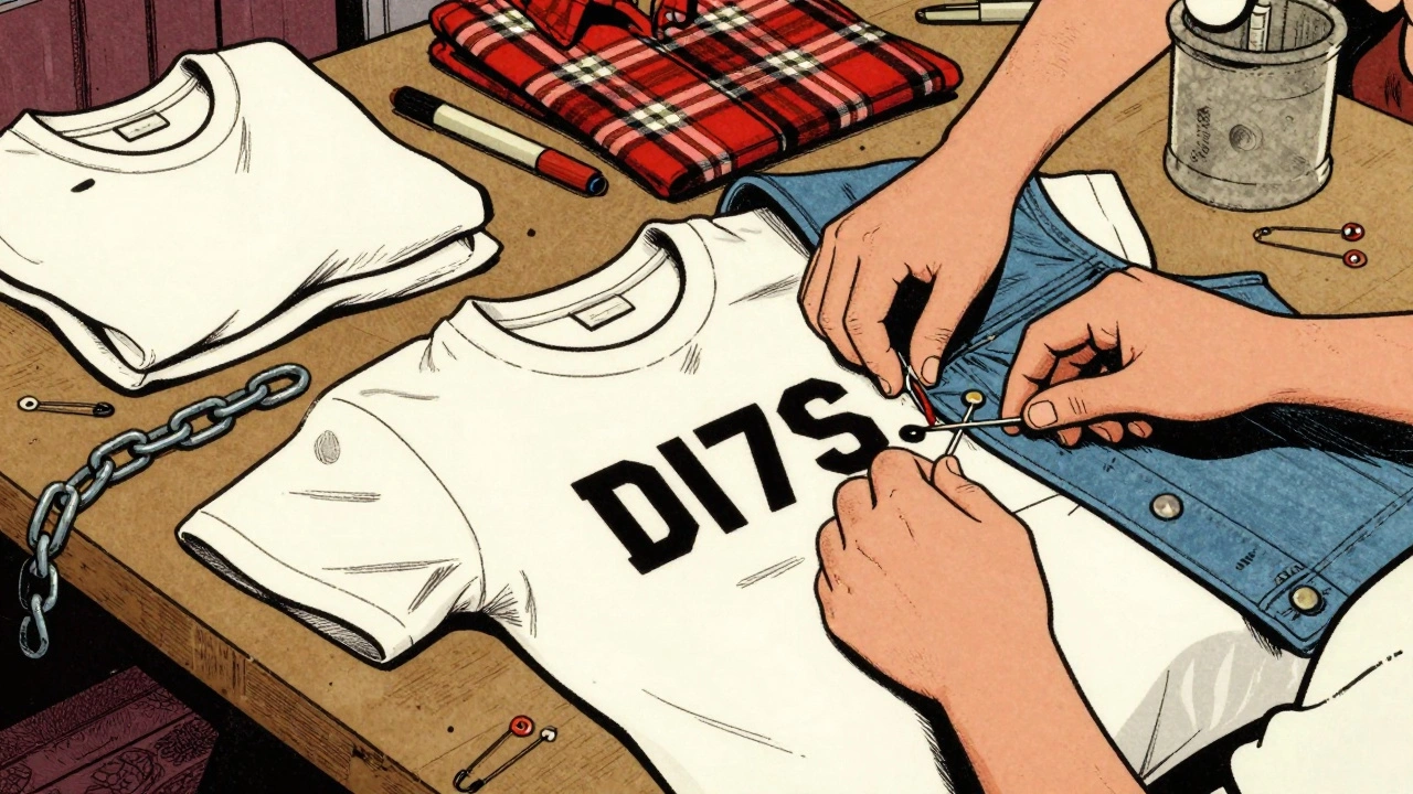 Retro illustration of hands customizing punk clothes with pins and markers