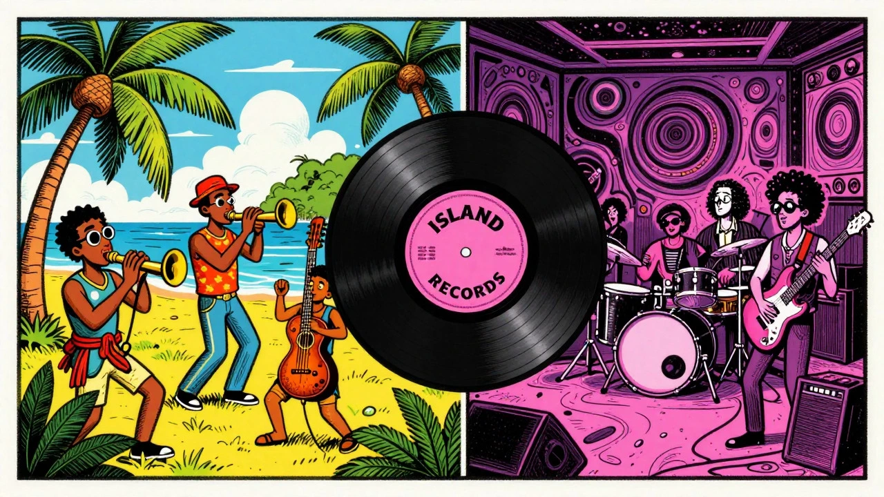 Retro illustration of Island Records' pink label bridging ska and prog-rock scenes