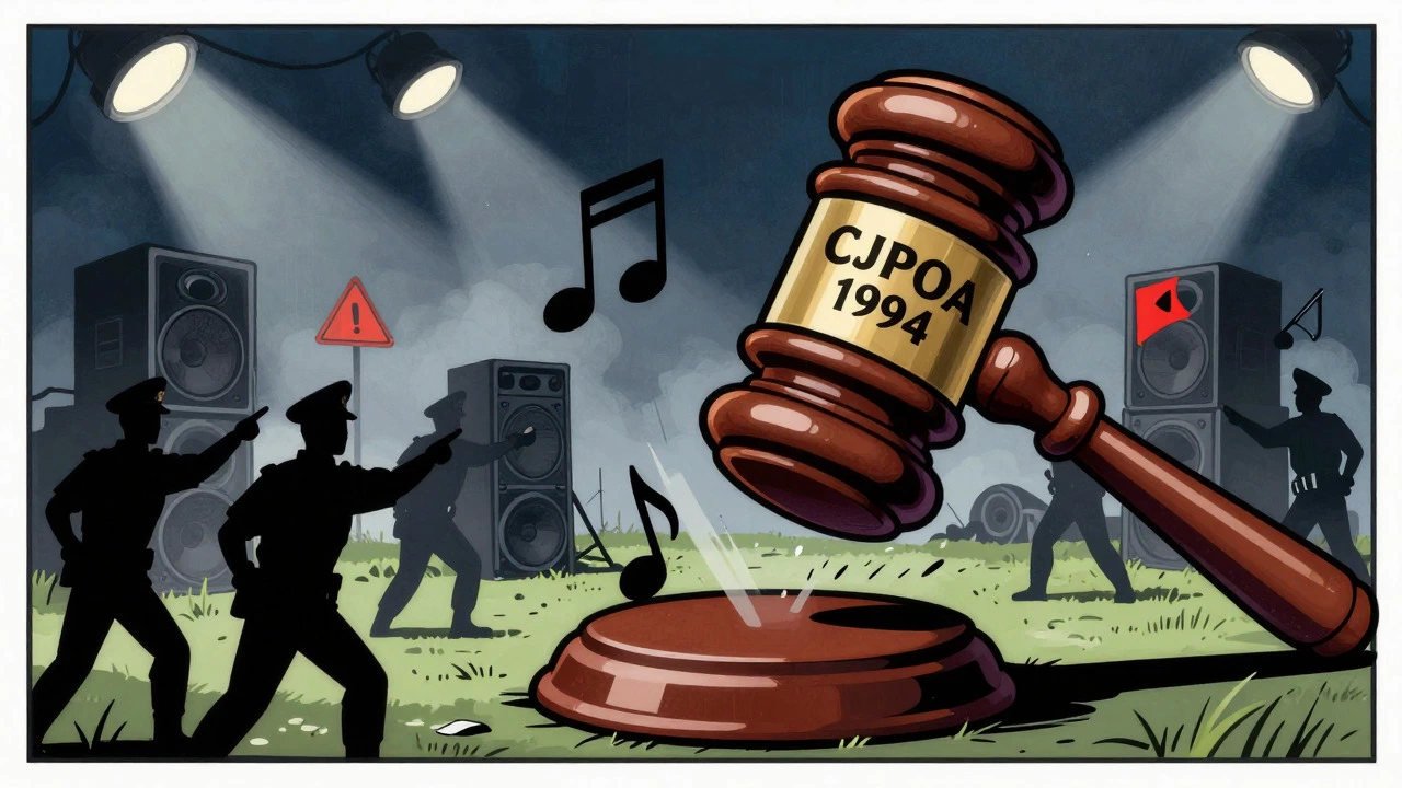 Retro illustration of law gavel striking music notes, symbolizing anti-rave censorship.
