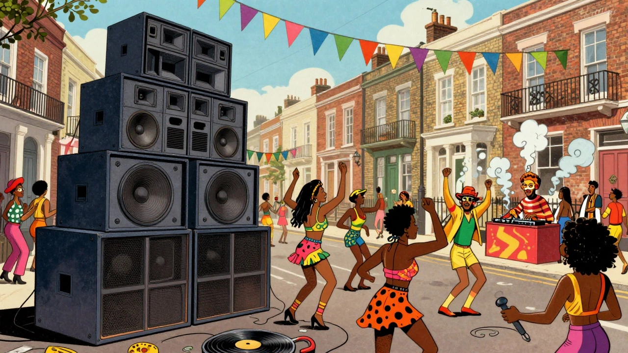 Retro illustration of massive sound systems at Notting Hill Carnival
