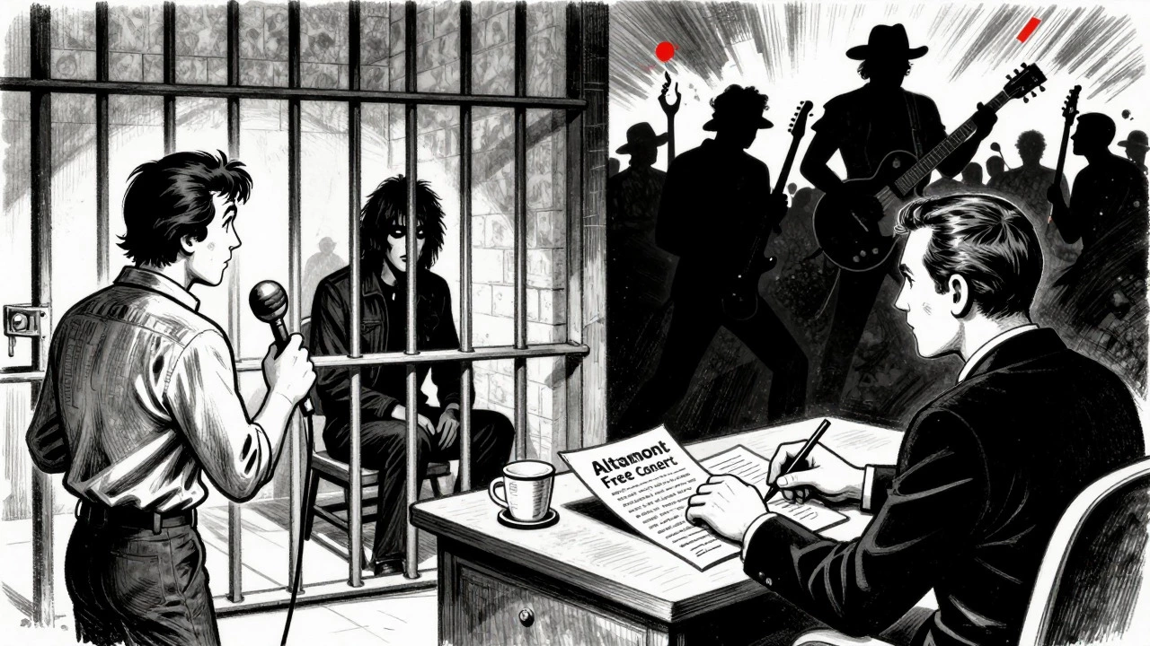 Retro illustration of reporters covering Manson trial and Altamont concert chaos.